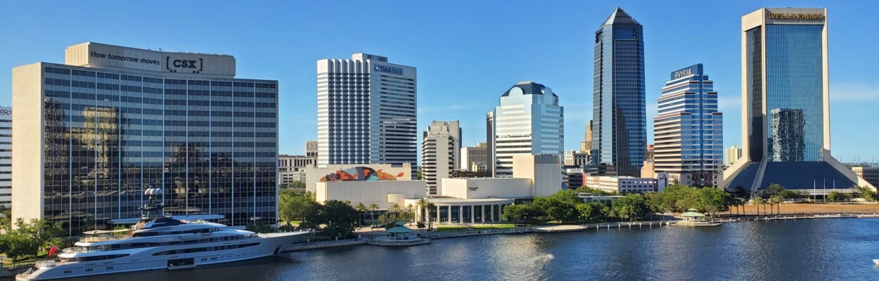 The skyline and river flowing through downtown Jacksonville