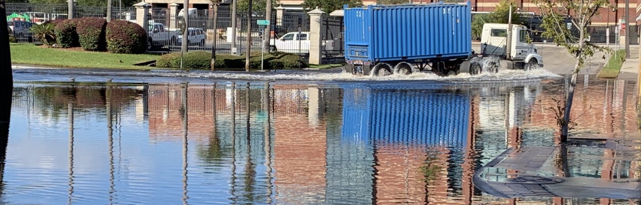 Hogan Creek spills over into the streets of Downtown Jacksonville as a storm passes offshore in November of 2019.