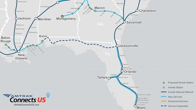 A map of proposed Amtrak routes.