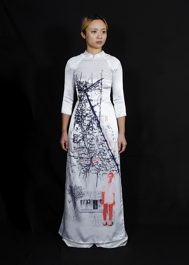 "Quang Tri" silkscreen on Vietnamese dress by Mimi Tran
