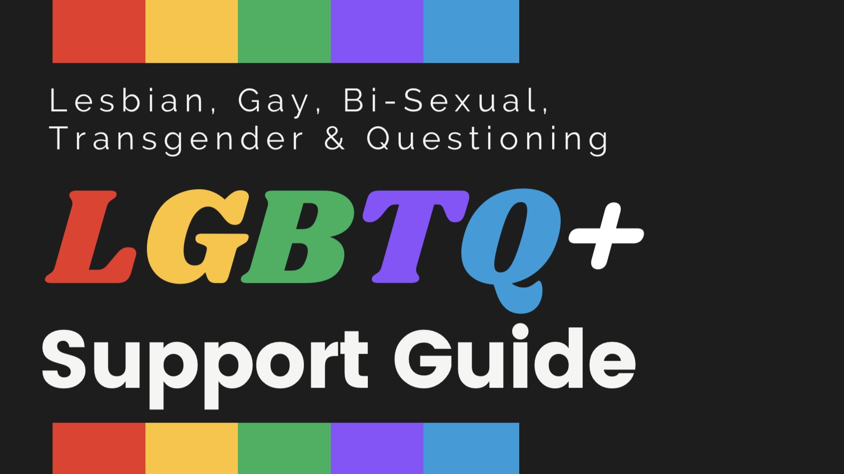 A screenshot of the front page of Duval Schools' LGTBQ+ Support Guide that is black, with a vertical rainbow and the text "Lesbian, Gay, Bi-Sexual, Transgender & Questioning LGBTQ+ Support Guide."