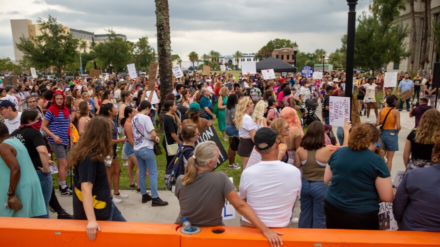 Hundreds of people holding signs outside the Duval County Courthouse, Jacksonville, FL