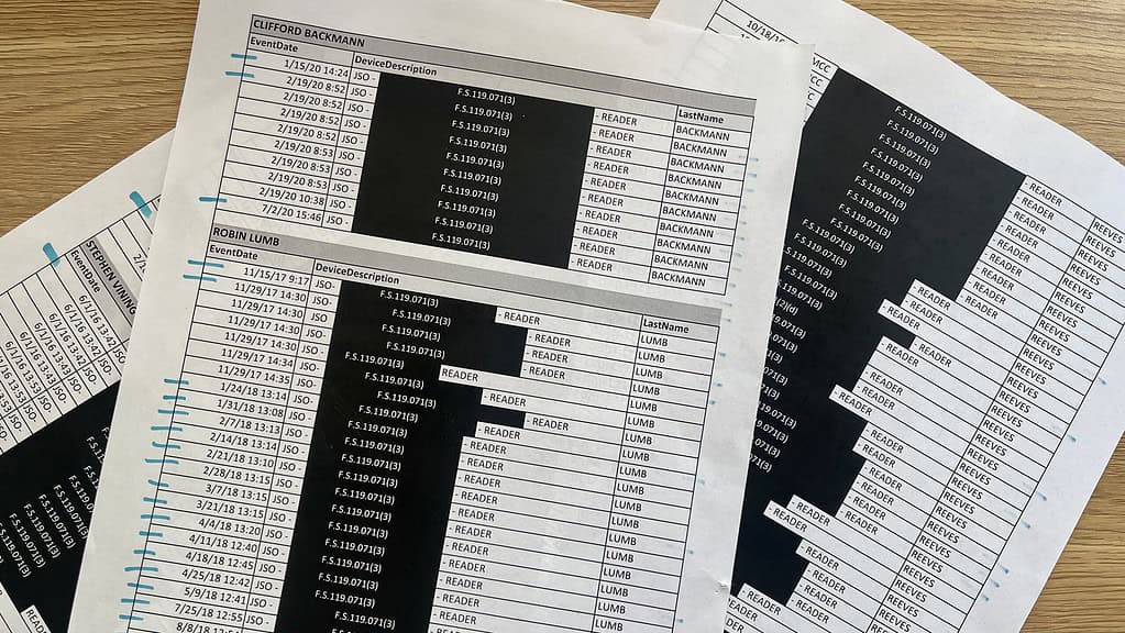 A stack of papers showing an access logs to JSO buildings