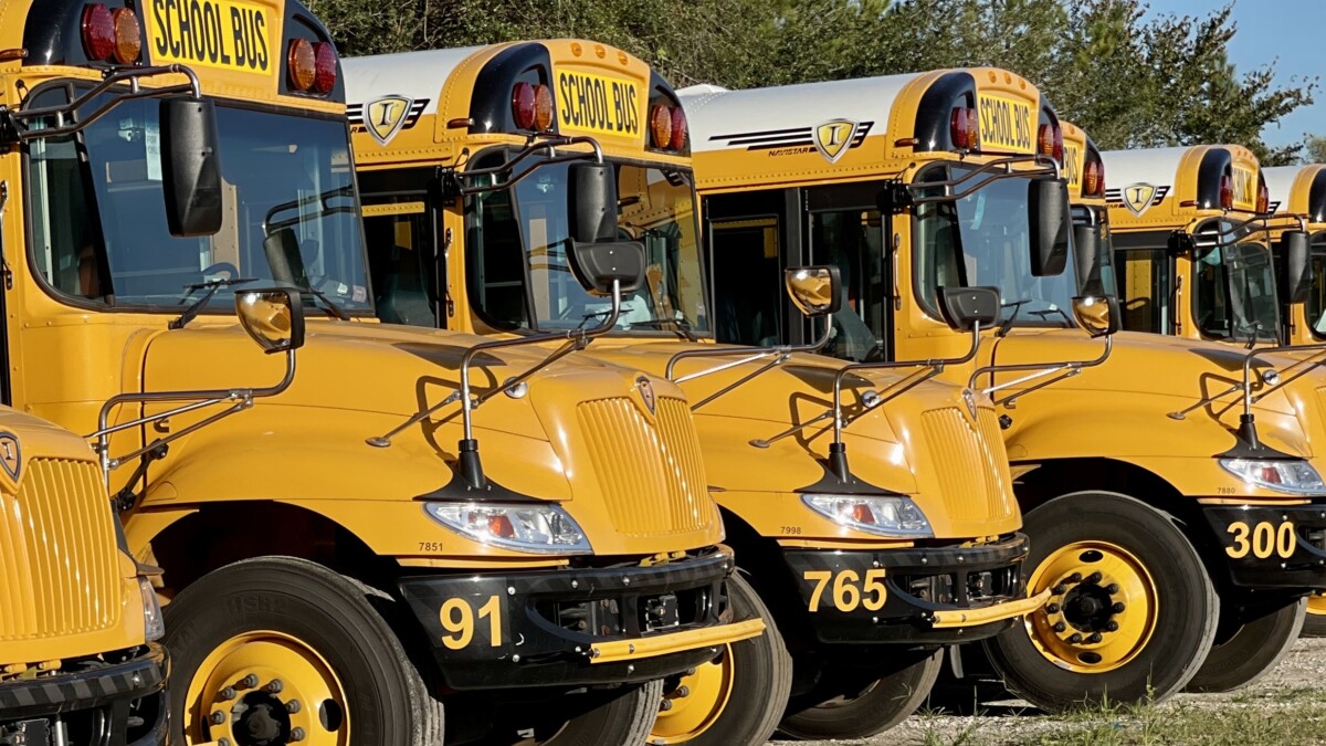 A line up of school buses in Jacksonville, FL