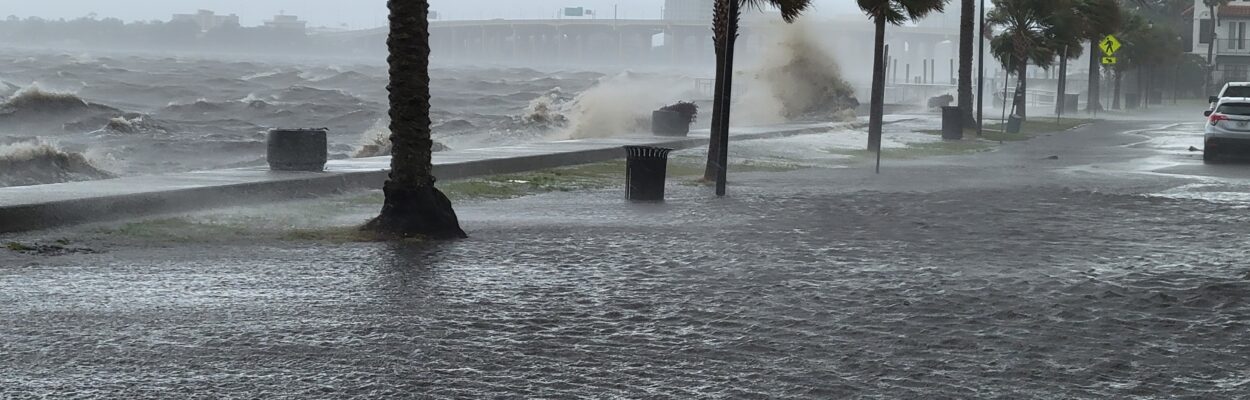 The St. Johns River splashes over the sea wall on River Road in San Marco on Wednesday, Aug. 30, 2023.