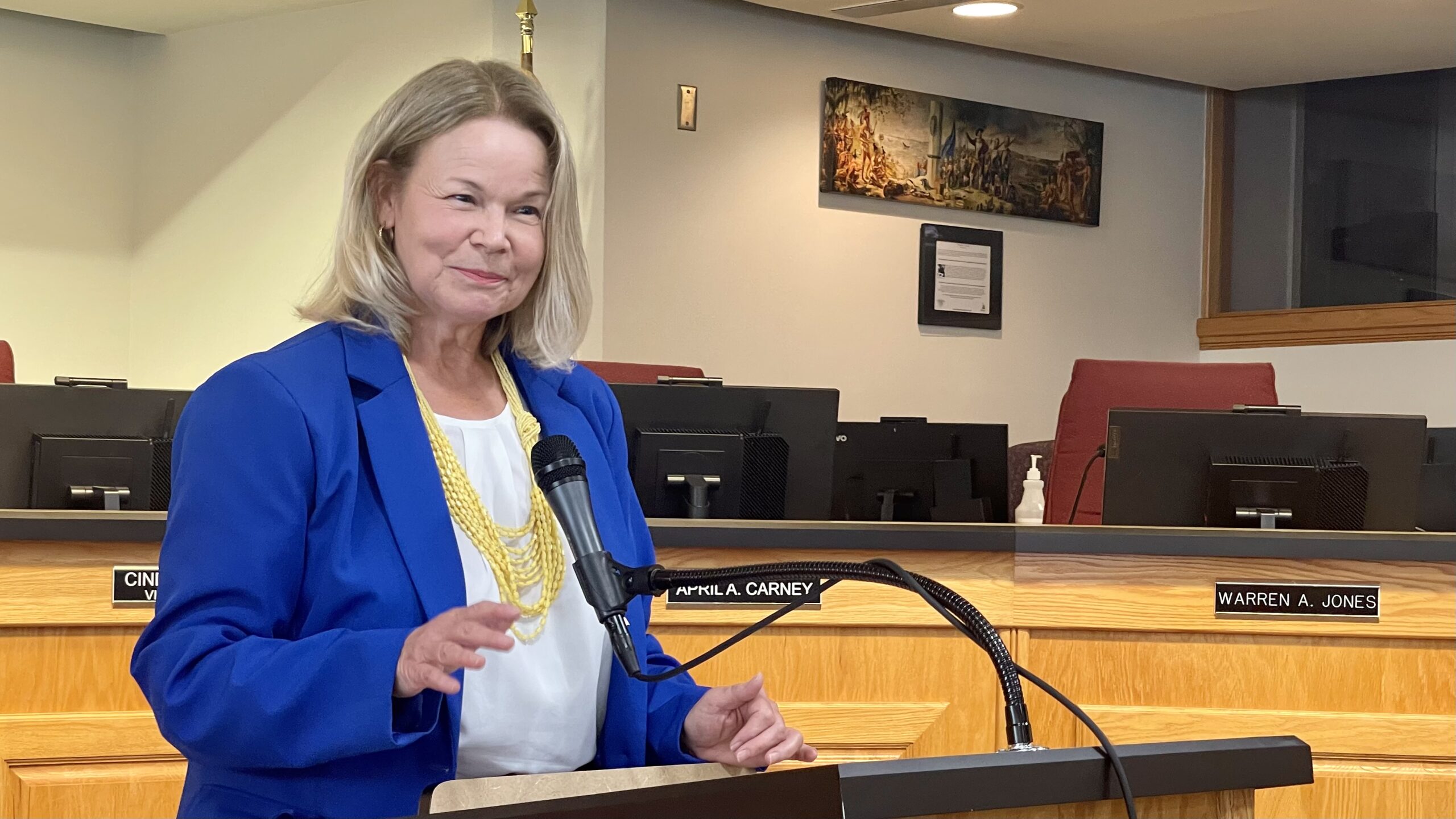 Interim Superintendent Dana Kriznar talks to reporters before the start of the school year. | Claire Heddles, Jacksonville Today