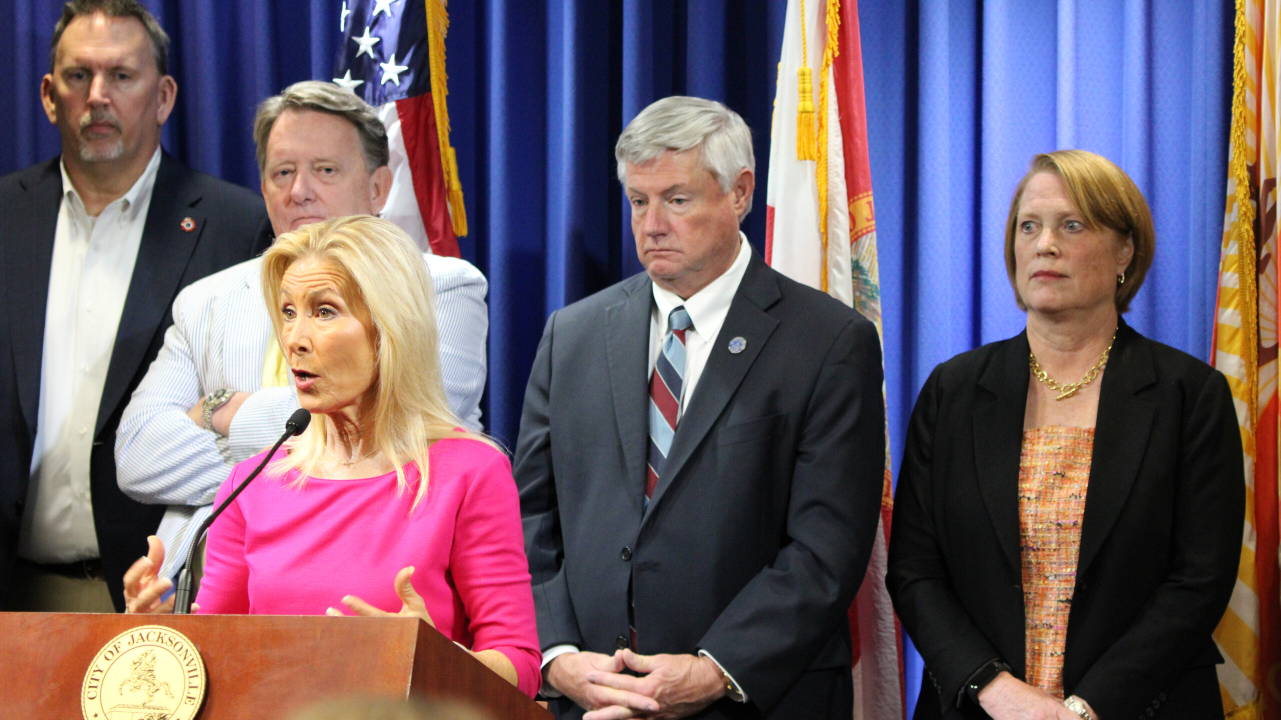 Mayor Donna Deegan answers questions at a news conference on Wednesday, Aug. 23, 2023, to rally support for her nominee for general counsel, Randy DeFoor, right.