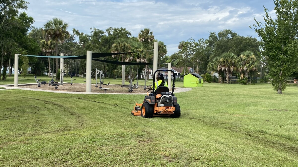 Grass is mowed Wednesday, Aug. 16, 2023, at A. Philip Randolph Park.