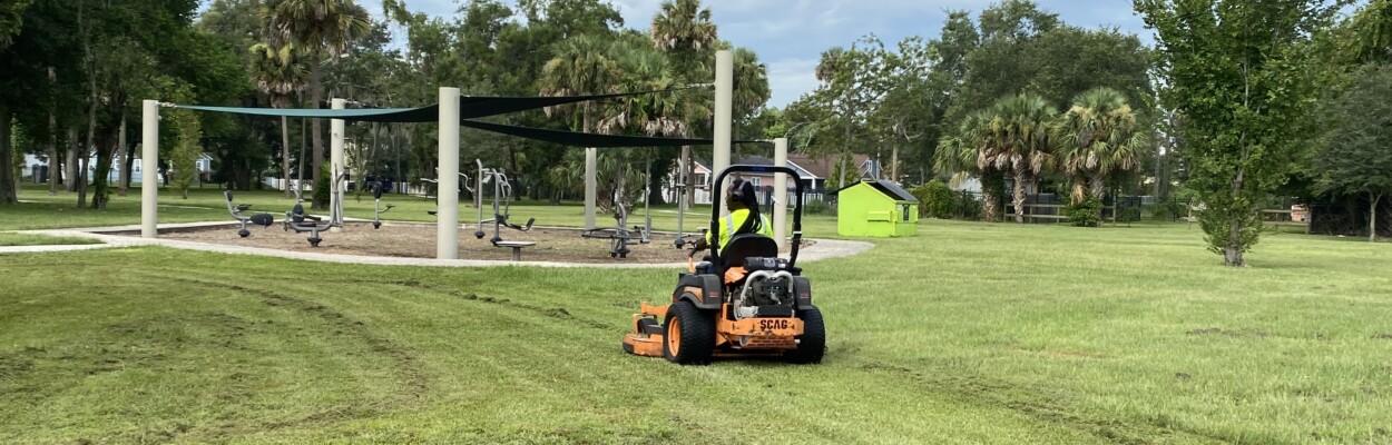 Grass is mowed Wednesday, Aug. 16, 2023, at A. Philip Randolph Park.