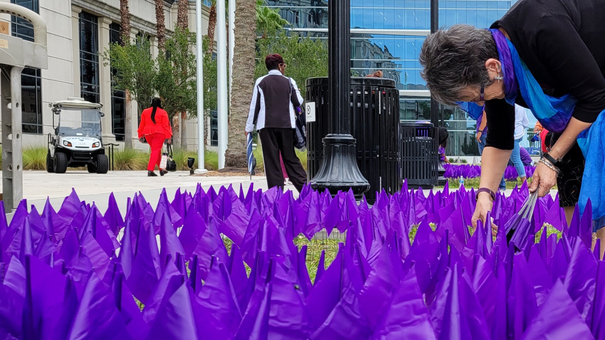 Hubbard House CEO Gail Patin plants a row of purple flags in front of the Duval County Courthouse on Friday, Sept. 29, 2023. Each flag represents a victim of domestic abuse who filed an injunction against their abuser.