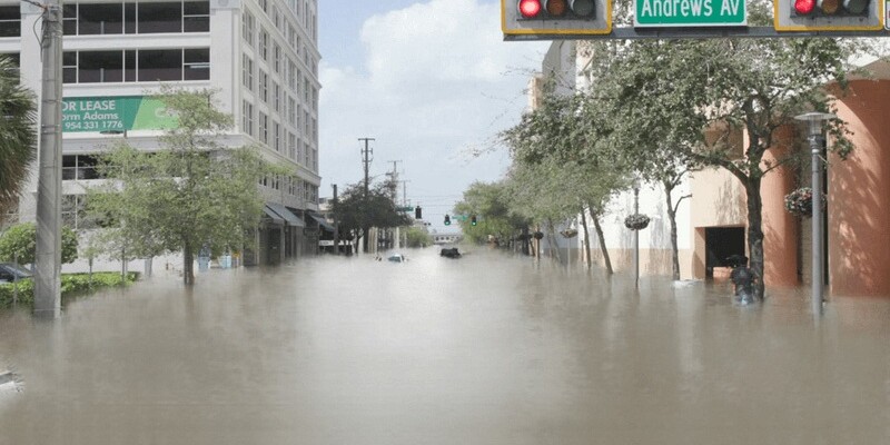 An illustration simulates the effect of rising waters on a city street. The city is not identified, but it's not Jacksonville.