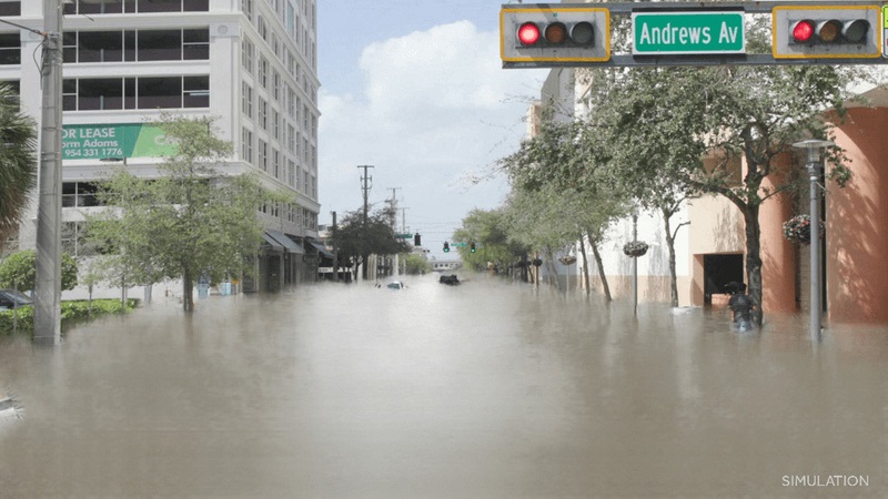 An illustration simulates the effect of rising waters on a city street. The city is not identified, but it's not Jacksonville.