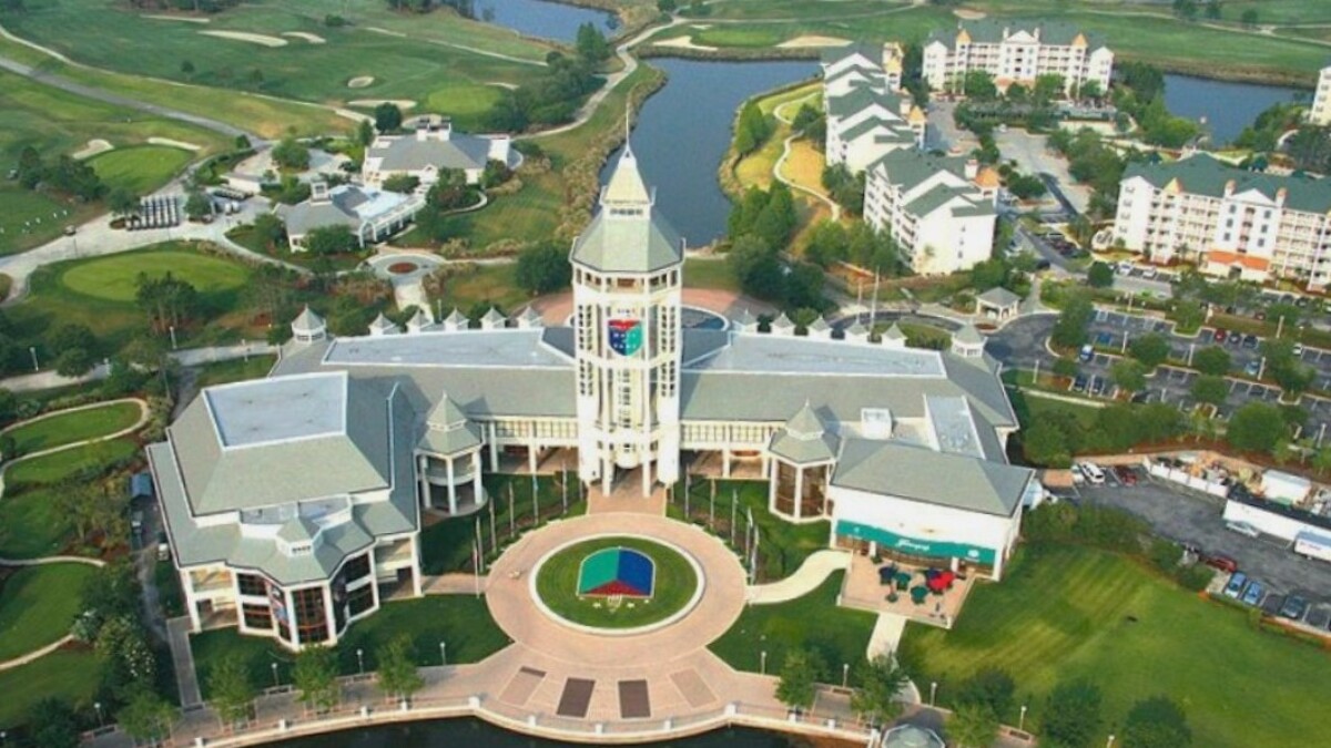 This aerial view shows the World Golf Hall of Fame at World Golf Village in St. Augustine.