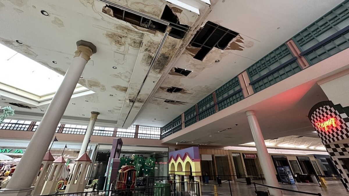 The water-damaged and stained ceiling at Regency Square Mall outside the Jimmy Jazz store.
