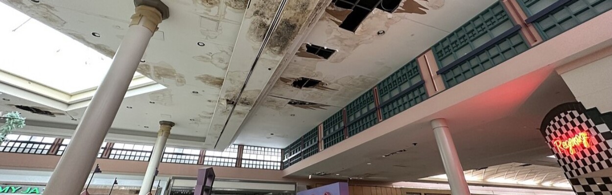 The water-damaged and stained ceiling at Regency Square Mall outside the Jimmy Jazz store.