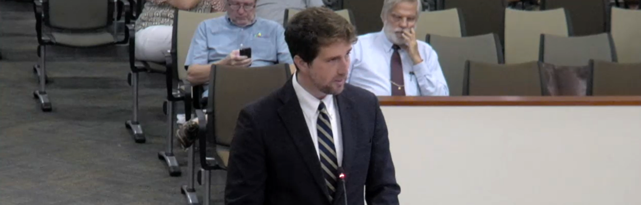 Brandon Patty, St. John's County clerk of circuit court and county comptroller, presenting information on hackers at this week's county commission meeting.