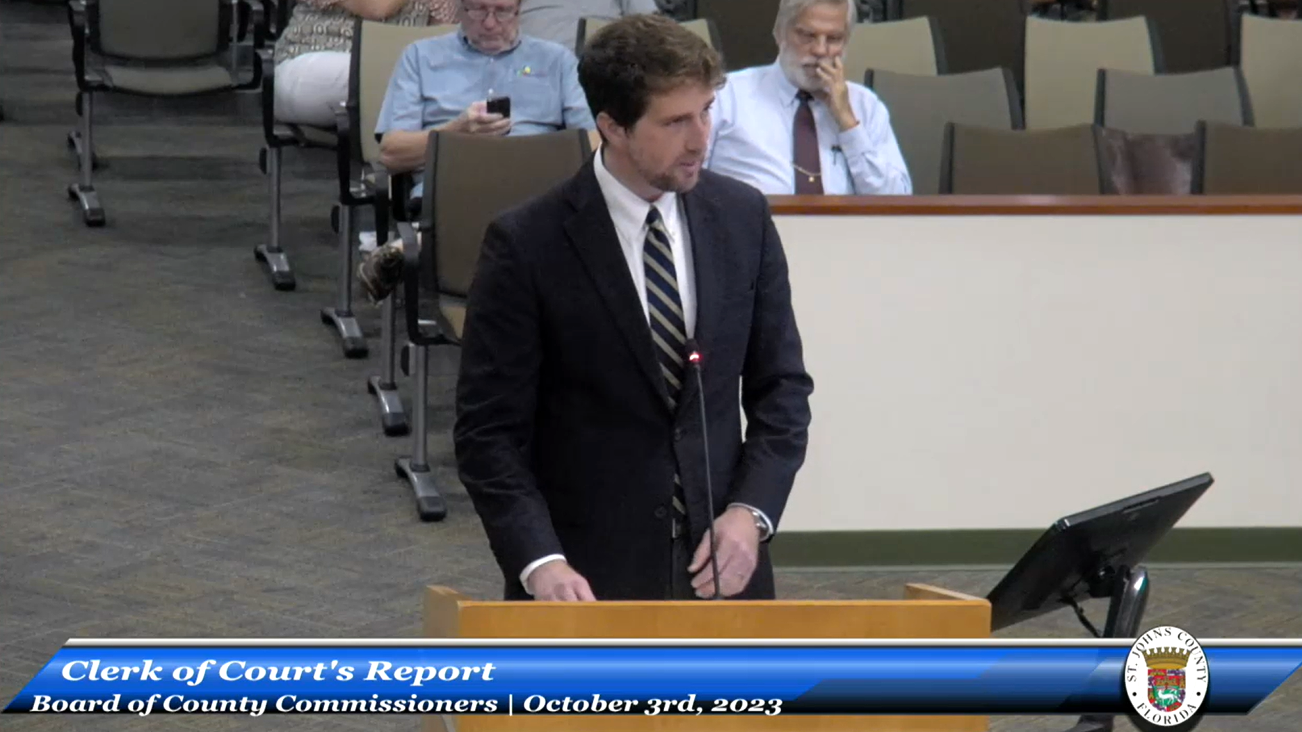 Brandon Patty, St. John's County clerk of circuit court and county comptroller, presenting information on hackers at this week's county commission meeting.
