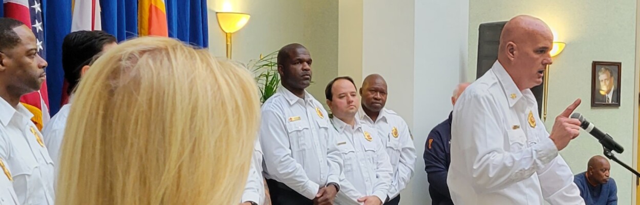 Mayor Donna Deegan, left, listens as Jacksonville Fire and Rescue Chief Keith Powers speaks during a news conference Thursday, Nov. 30, 2023. | Dan Scanlan, WJCT News 89.9
