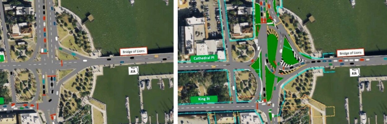 Here is the State Road A1A/Avenida Menendez intersection, before and after FDOT's proposed redesign. The current design is on the left. | FDOT