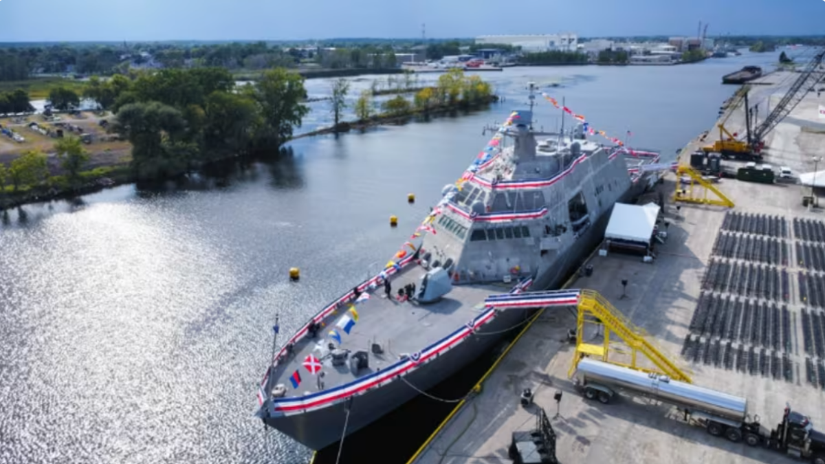 The U.S. Navy’s newest littoral combat ship, the USS Marinette, is shown on the Menominee River before its commissioning in Menominee, Michigan, in September. | Petty Officer 2nd Class Nicholas Huynh, DVIDS