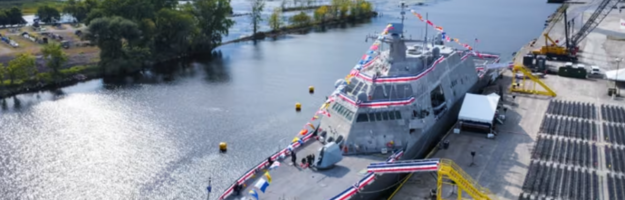 The U.S. Navy’s newest littoral combat ship, the USS Marinette, is shown on the Menominee River before its commissioning in Menominee, Michigan, in September. | Petty Officer 2nd Class Nicholas Huynh, DVIDS