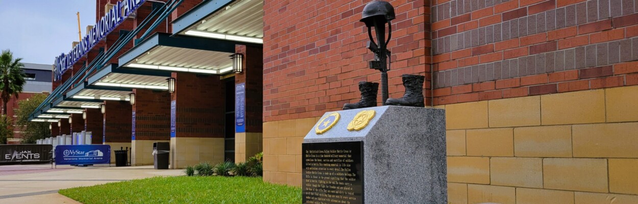 The new Fallen Soldier’s Monument was unveiled Friday, Nov. 17, 2023, at VyStar Veterans Memorial Arena. | Dan Scanlan, WJCT News 89.9
