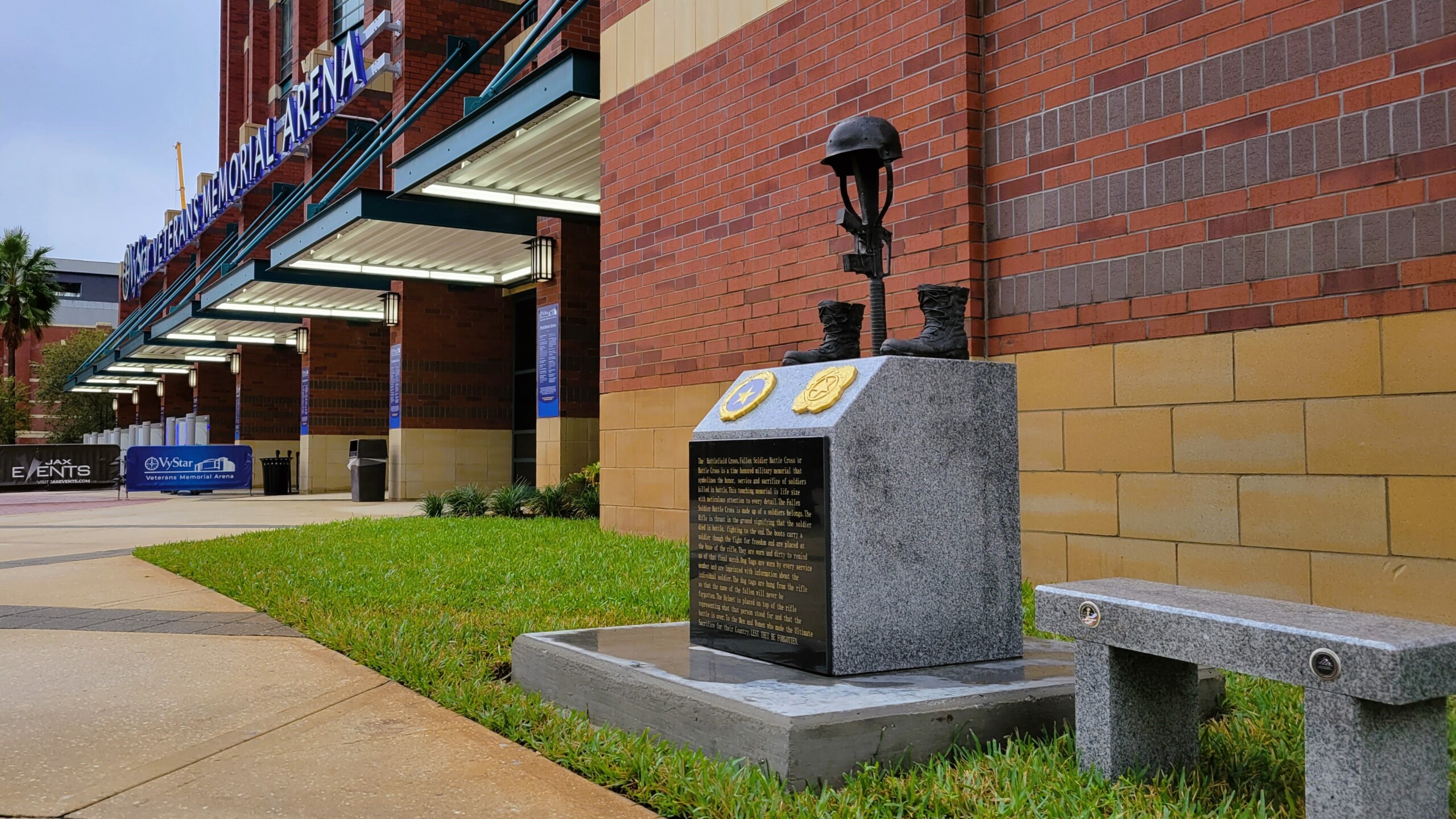 The new Fallen Soldier’s Monument was unveiled Friday, Nov. 17, 2023, at VyStar Veterans Memorial Arena. | Dan Scanlan, WJCT News 89.9