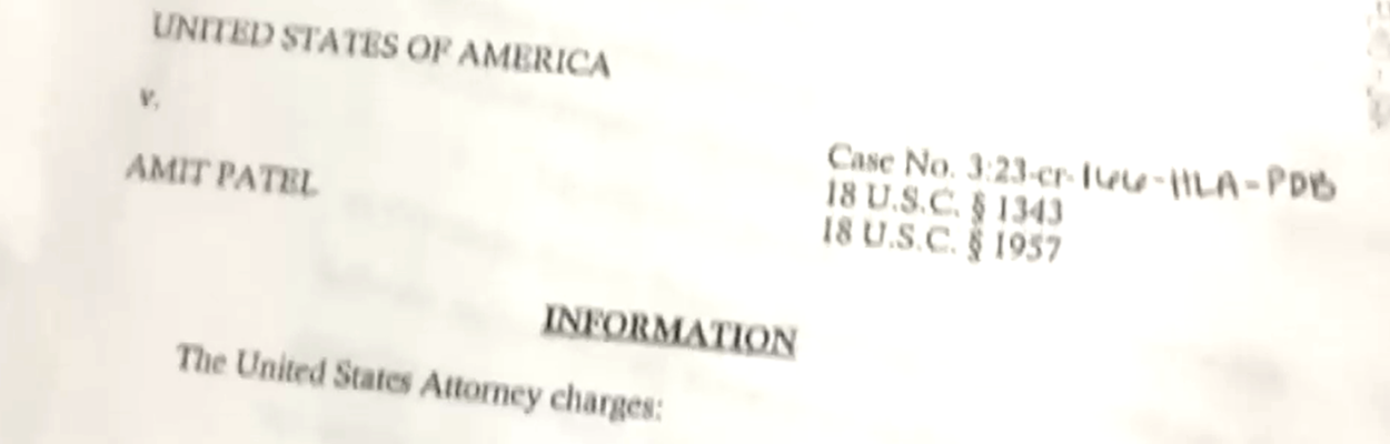 A court document outlines the charges against former Jacksonville Jaguars employee Amit Patel. | News4Jax