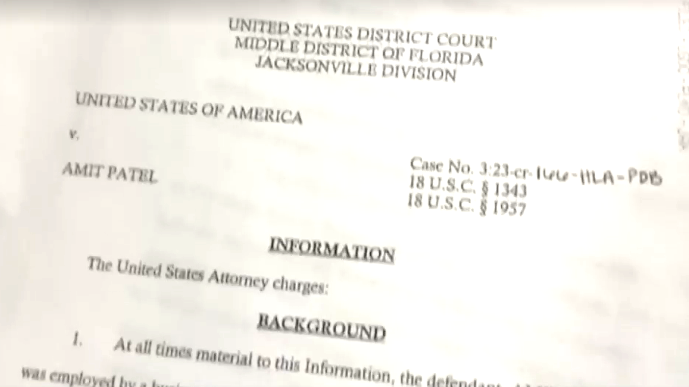A court document outlines the charges against former Jacksonville Jaguars employee Amit Patel. | News4Jax