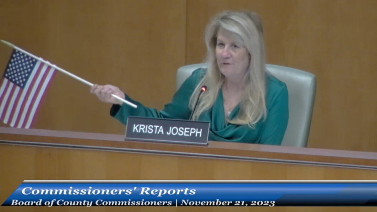 St. Johns County Commissioner Krista Joseph waves an American flag as she begins her comments during a meeting Nov. 21, 2023. | St. Johns County