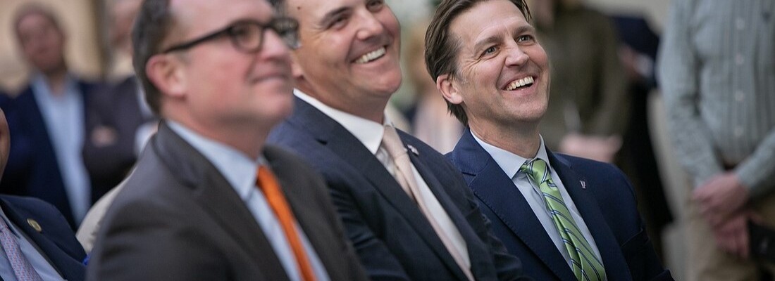 From left, former Jacksonville Mayor Lenny Curry, University of Florida Board of Trustees appointee Patrick Zalupski and UF President Ben Sasse attend an announcement of the UF grad school campus on Feb. 7, 2023. | City of Jacksonville