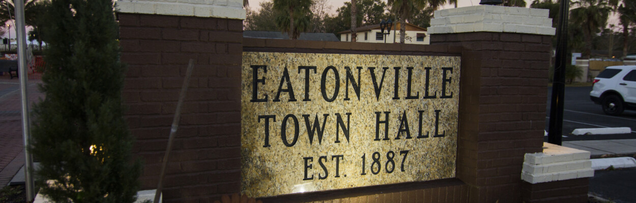 The Eatonville Town hall entrance sign is lit up early in the morning. | aulo Almeida/Getty Images/IStock Editorial