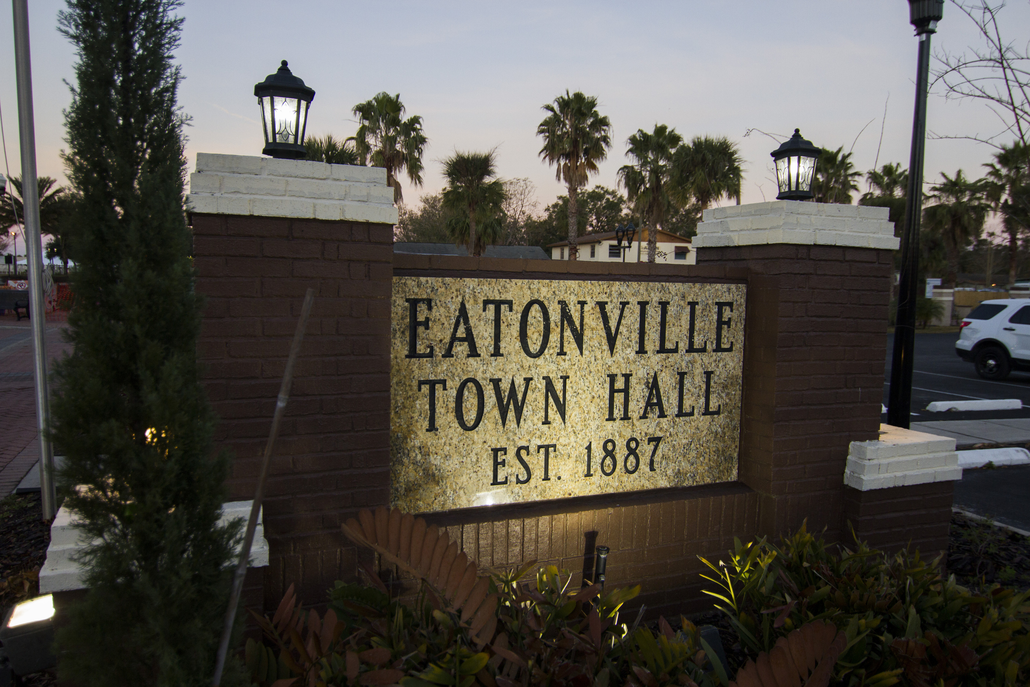 The Eatonville Town hall entrance sign is lit up early in the morning. | aulo Almeida/Getty Images/IStock Editorial