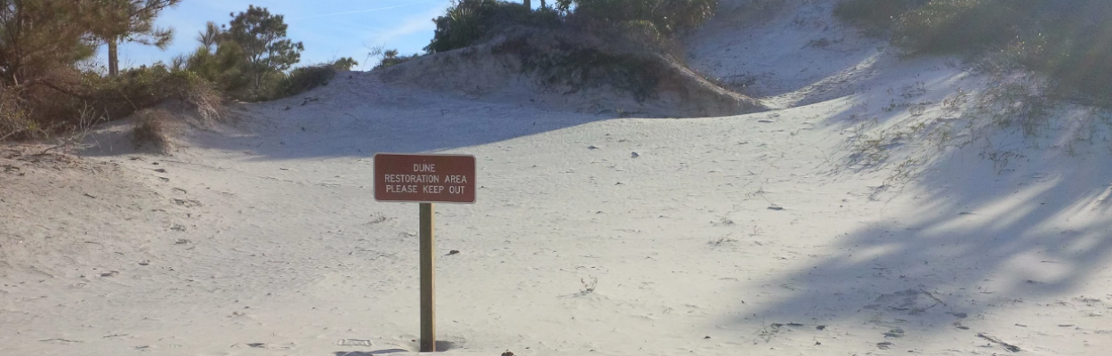 A sign warns of dune restoration at Little Talbot Island in 2016. | Blake Allen, WHCT News 89.9