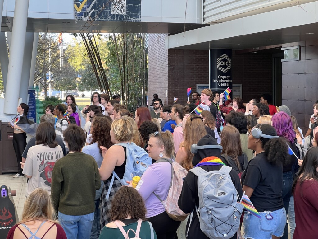 University of North Florida students rallied in the Student Union, calling for support of the university’s LGBTQ Center and other diversity programs on Wednesday, Jan. 24, 2024. | Carter Mudgett, Jacksonville Today