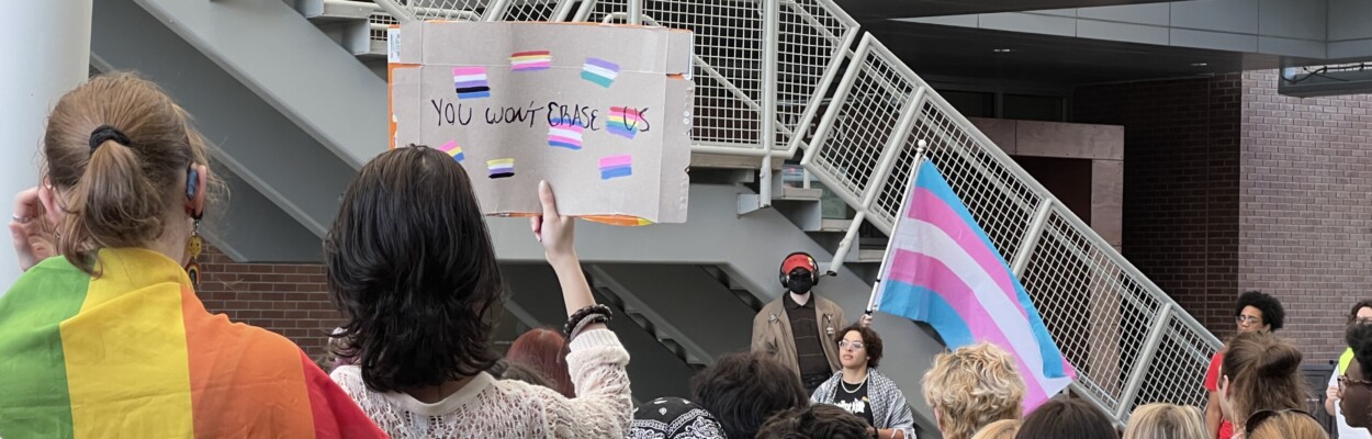 University of North Florida students rallied in the Student Union, calling for support of the university’s LGBTQ Center and other diversity programs on Wednesday, Jan. 24, 2024. Carter Mudgett, Jacksonville Today
