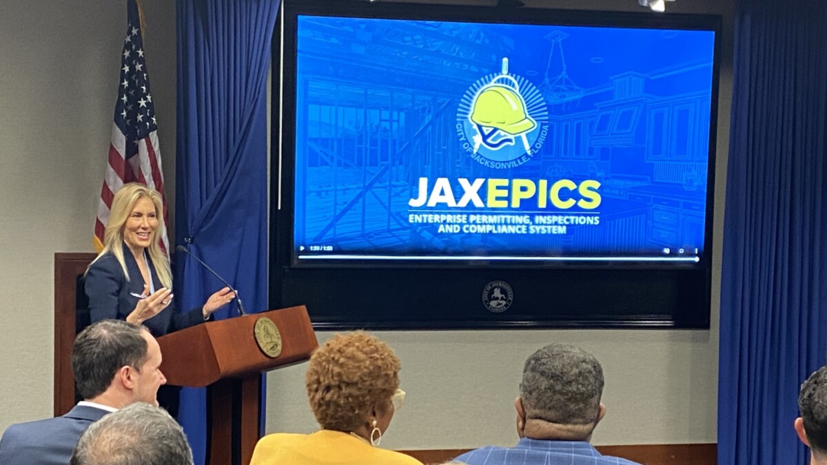 Jacksonville Mayor Donna Deegan announces the launch of JAXEPICS on Wednesday, Jan. 10, 2024. The new system is designed to speed the permitting process. l Steven Ponson WJCT News 89.9