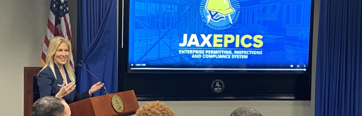 Jacksonville Mayor Donna Deegan announces the launch of JAXEPICS on Wednesday, Jan. 10, 2024. The new system is designed to speed the permitting process. l Steven Ponson WJCT News 89.9
