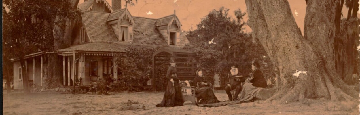 A photograph of Harriet Beecher Stowe and her family in front of their Mandarin Road cottage. | Mandarin Community Club