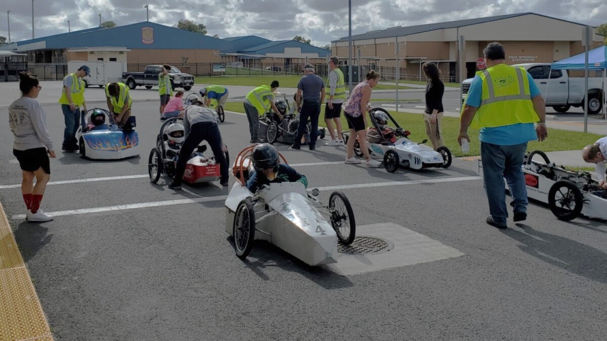 Electric race cars lined up for the first Electrathon of Florida race on Jan. 20, 2024, at Middleton High School. | Electrathon of Florida