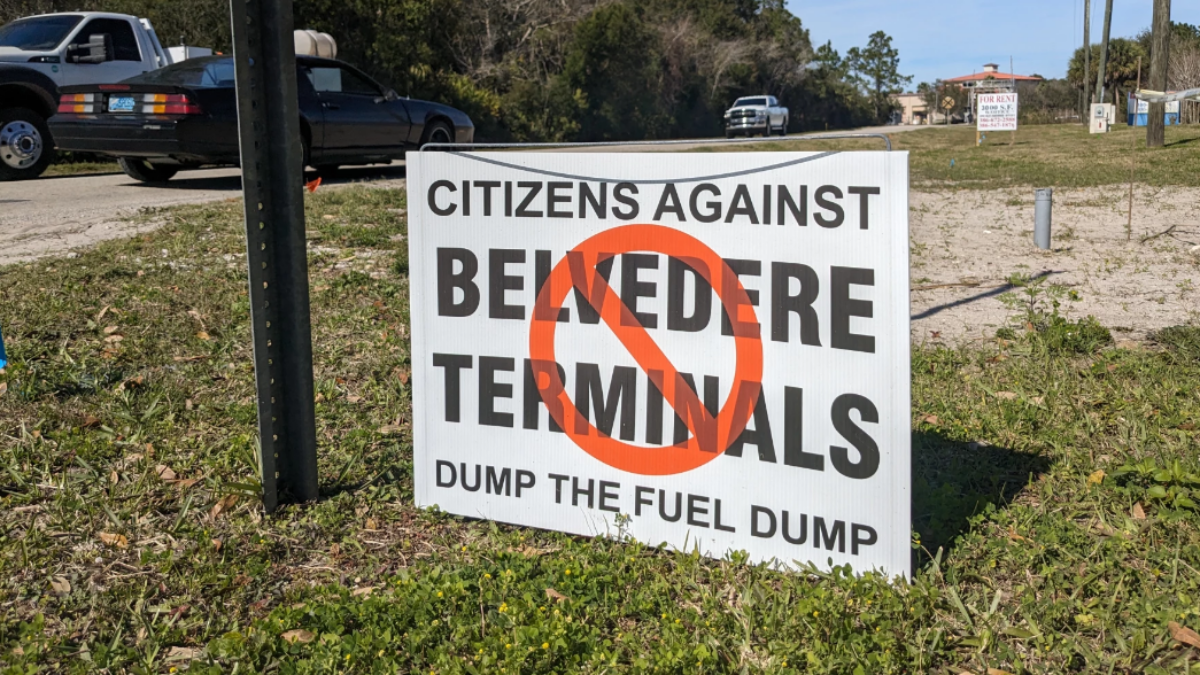 Belvedere Terminals has encountered opposition in other areas of the state outside Jacksonville. This sign was posted in Ormond Beach. | Molly Duerig, WMFE News