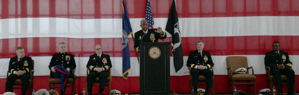 Capt. Gregory deWindt speaks after his appointment as commanding officer of Naval Air Station Jacksonville on Thursday, Feb. 29, 2024. | U.S. Navy photo, Master at Arms Scottie Coombs