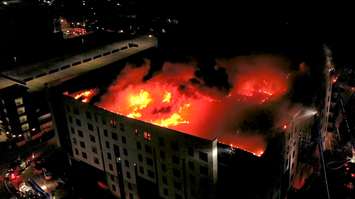 A Jacksonville Fire and Rescue Department drone shows the Rise Doro fire at its height. after the roof had burned out and floors collapsed inside. | Jacksonville Fire and Rescue Department