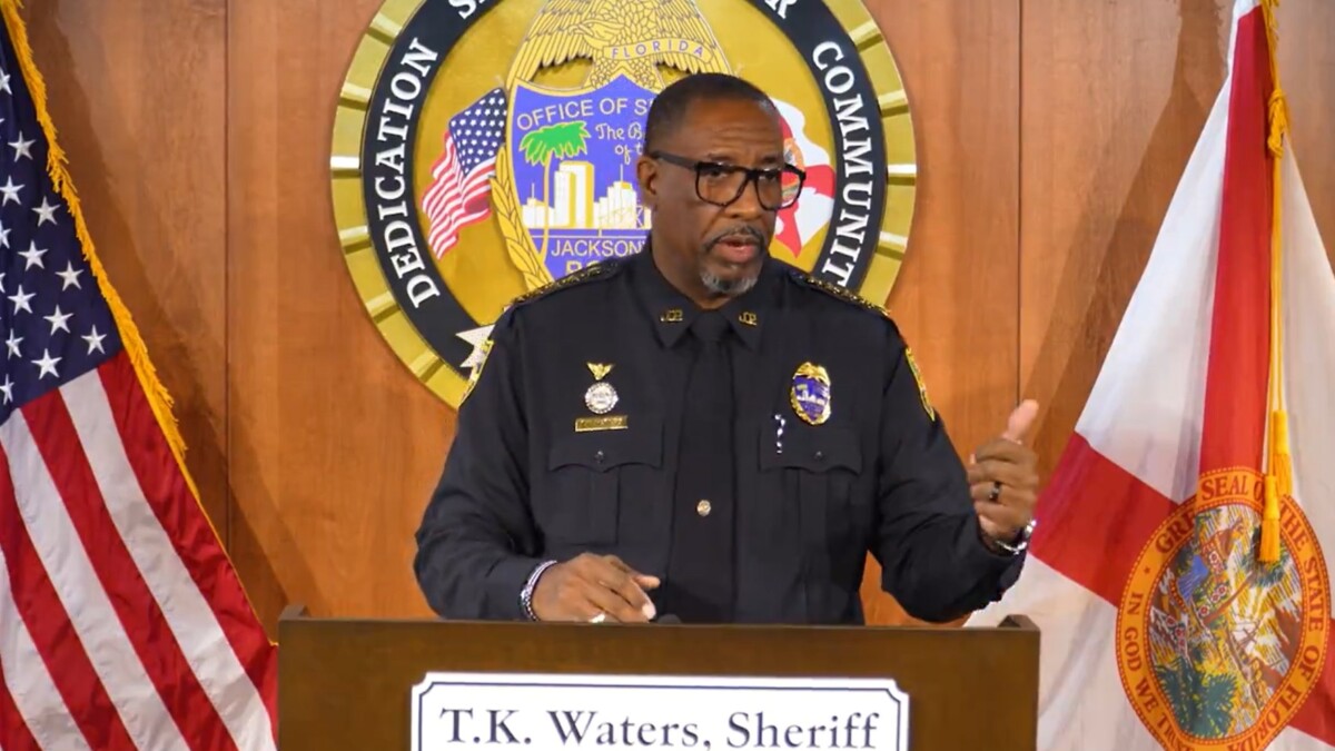 Jacksonville Sheriff T.K. Waters announces the arrest of police officer Christopher Barr during a news conference Tuesday, Feb. 7, 2024 l Jacksonville Sheriff's Office