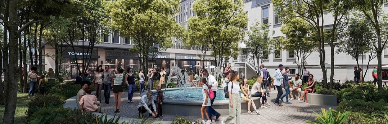 An illustration of the Gateway Jax development Downtown shows a fountain plaza. The $500 million mixed-use development includes apartments, a grocery and retail space. | Jacksonville Daily Record