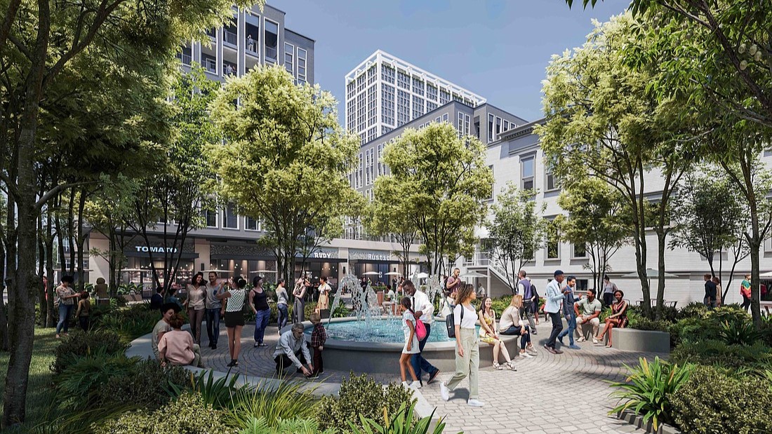 An illustration of the Gateway Jax development Downtown shows a fountain plaza. The $500 million mixed-use development includes apartments, a grocery and retail space. | Jacksonville Daily Record