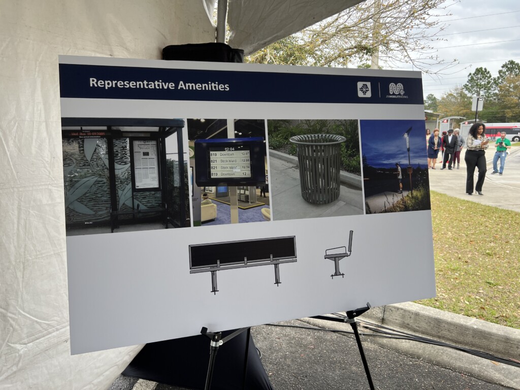Pictures of different amenities that could be added to bus stops were displayed on poster boards during Friday’s press conference. | Carter Mudgett, Jacksonville Today