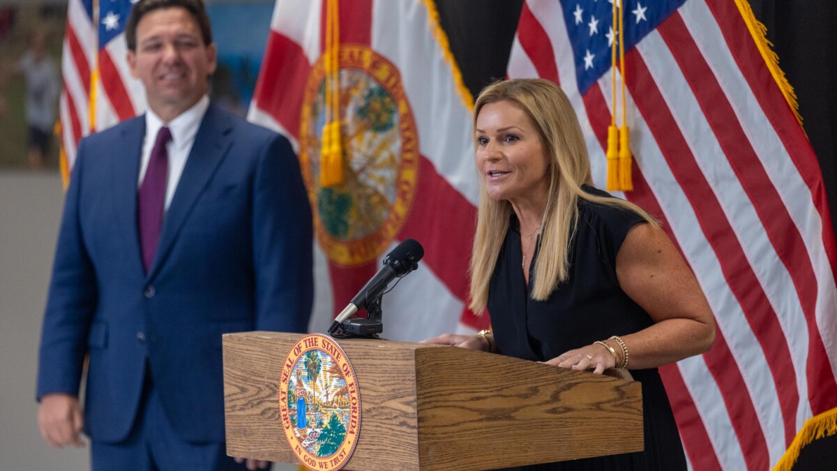 Duval County School Board member April Carney speaks during a news conference Monday, March 25, 2024, with Gov. Ron DeSantis. | Will Brown, Jacksonville Today