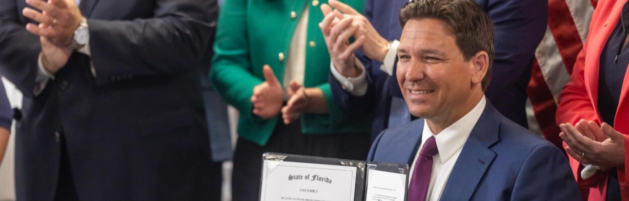 Gov. Ron DeSantis signed shows HB 3, the social media restrictions he signed Monday, March 25, 2024, at Cornerstone Classical Academy in Jacksonville. | Will Brown, Jacksonville Today