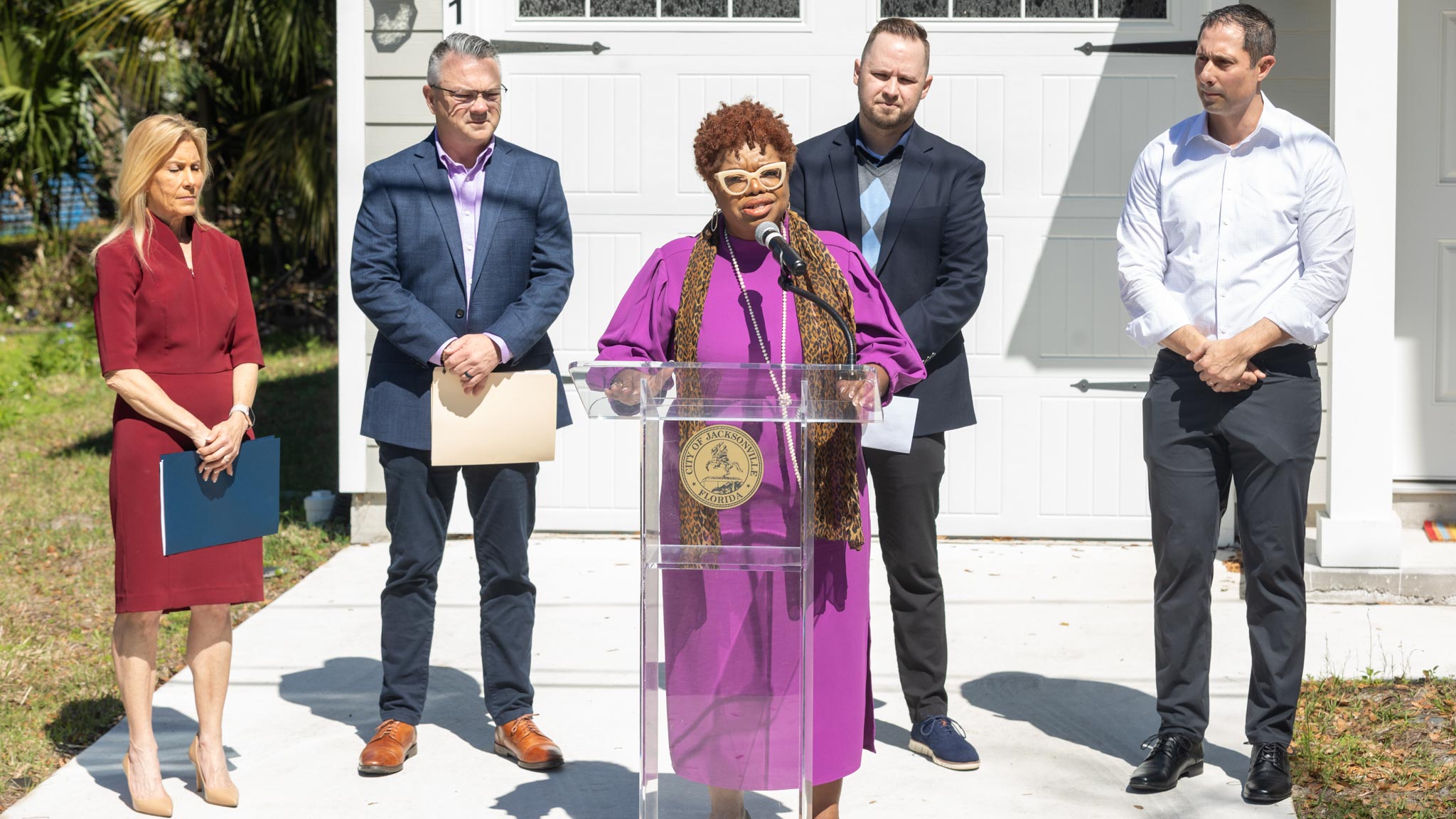 City Council member Ju'Coby Pittman applauds a $2 million pilot program that will provide down payment assistance for home buyers in Duval County on Thursday, March 7, 2024, in Jacksonville's Talleyrand neighborhood. | Will Brown, Jacksonville Today